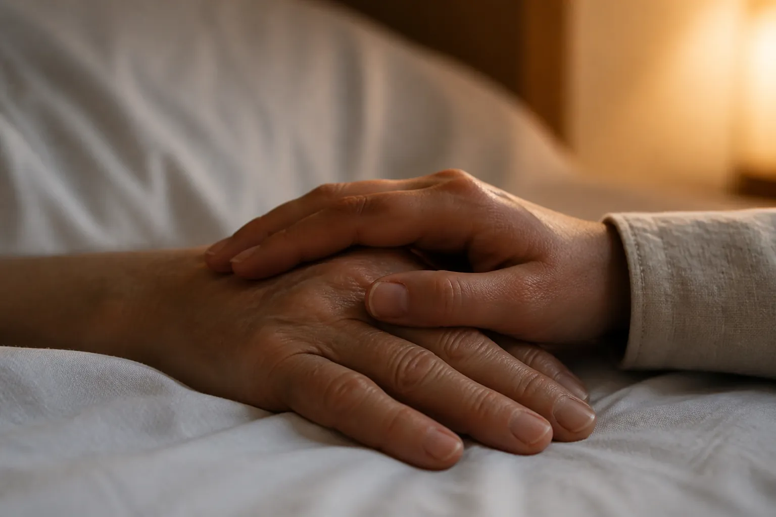 Main posée sur celle d'un proche alité, lumière tamisée