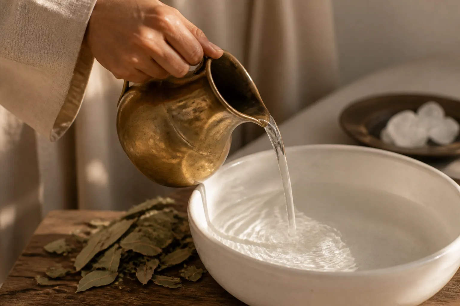 Table de lavage rituel avec bassine d'eau, sidr et camphre disposés pour un ghousl