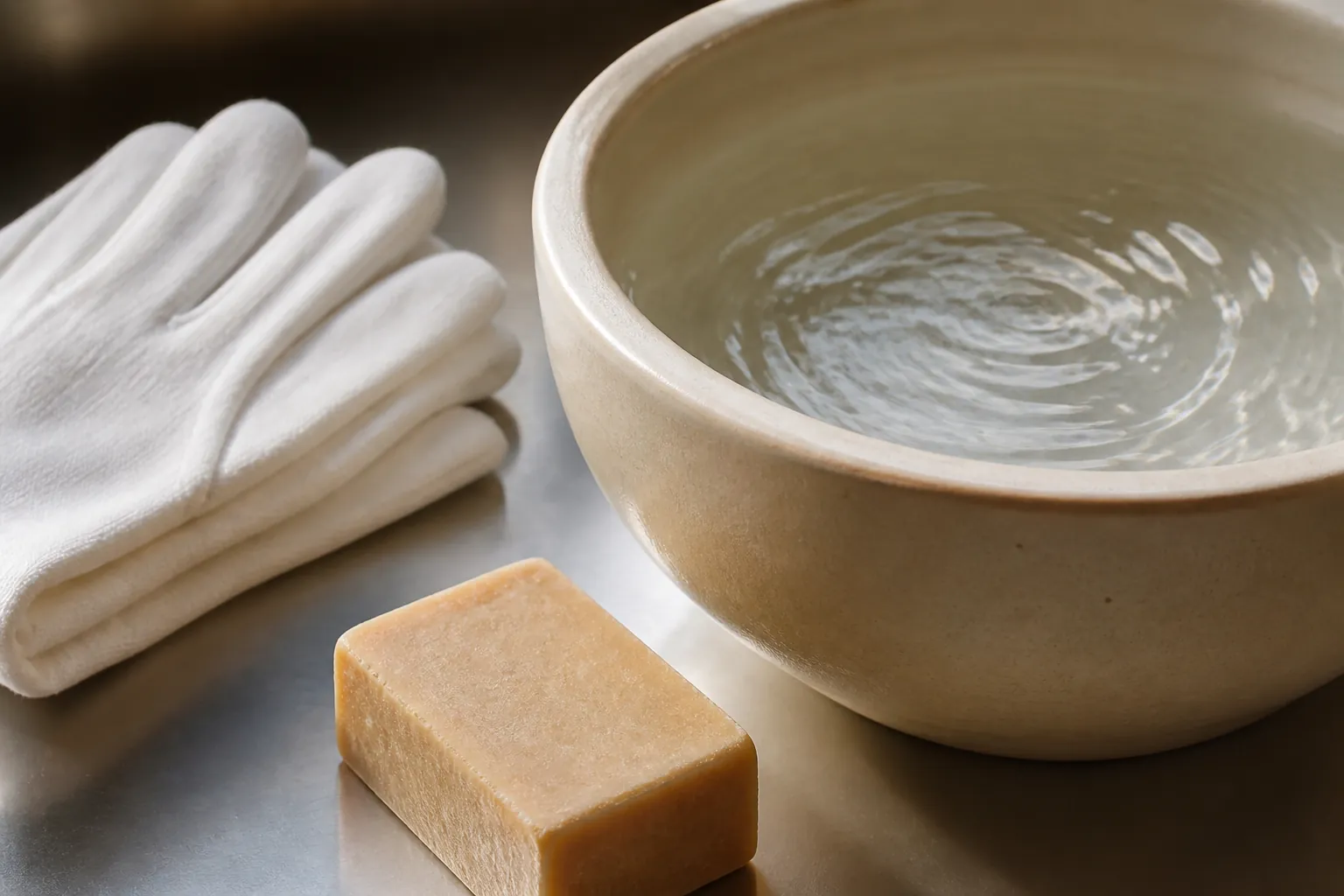 Préparation d'une salle de lavage rituel avec bassine, gants et tissu blanc