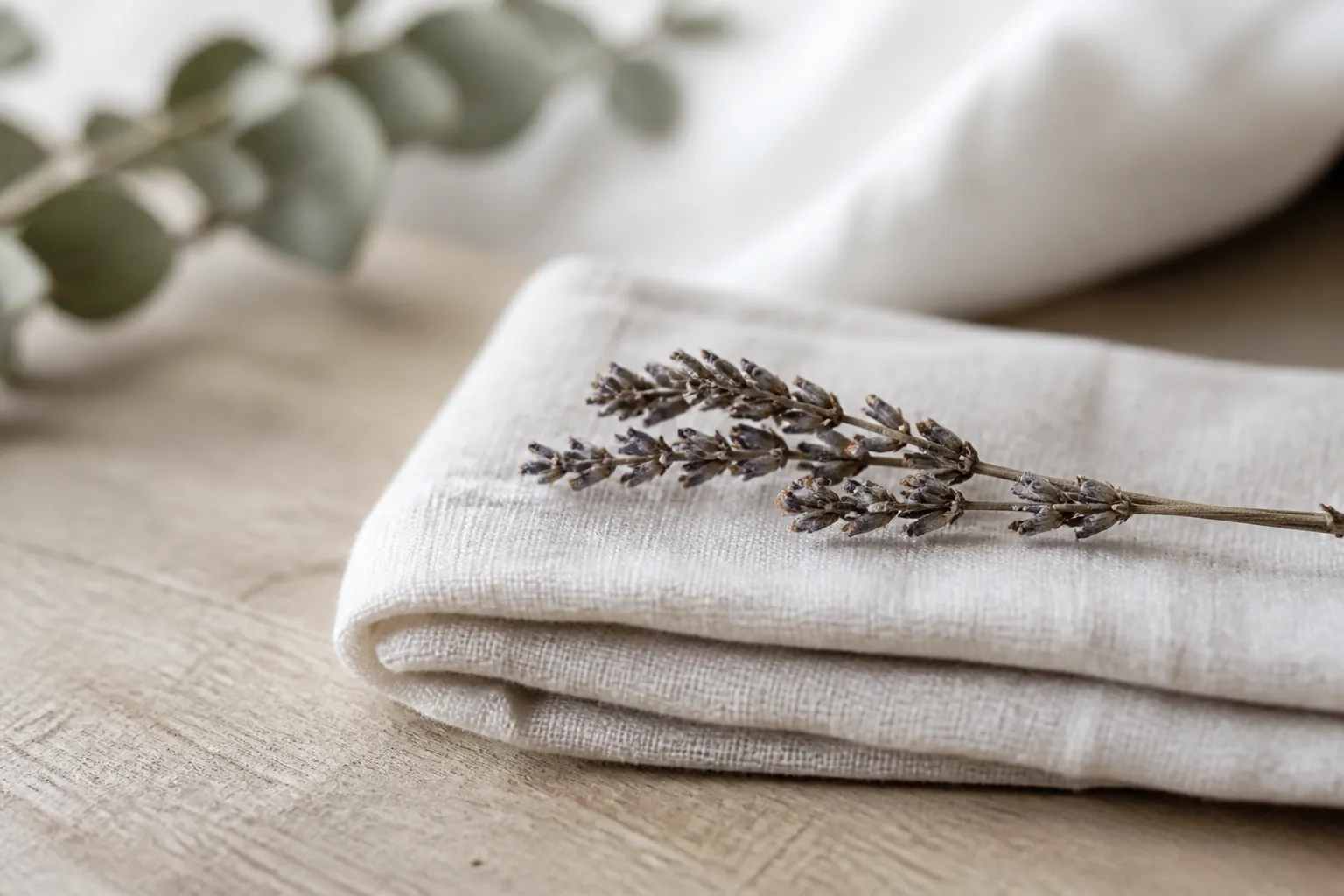 Linge blanc plié posé sur une table en bois dans une lumière douce