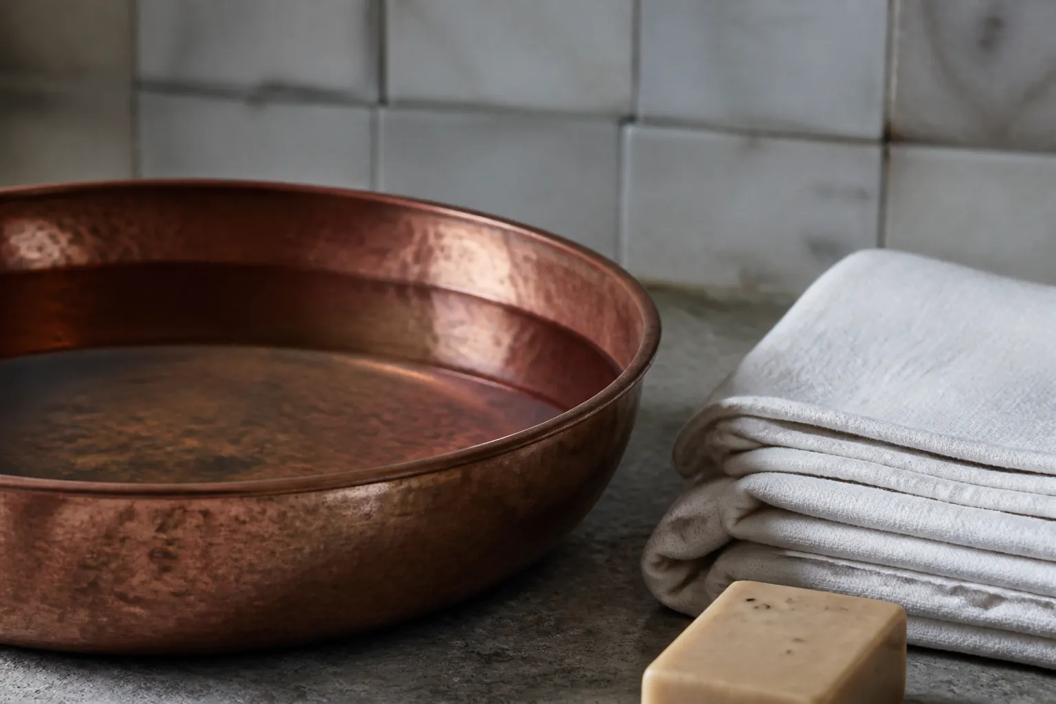 Table de lavage rituel dans une chambre funéraire avec bassine et tissu blanc