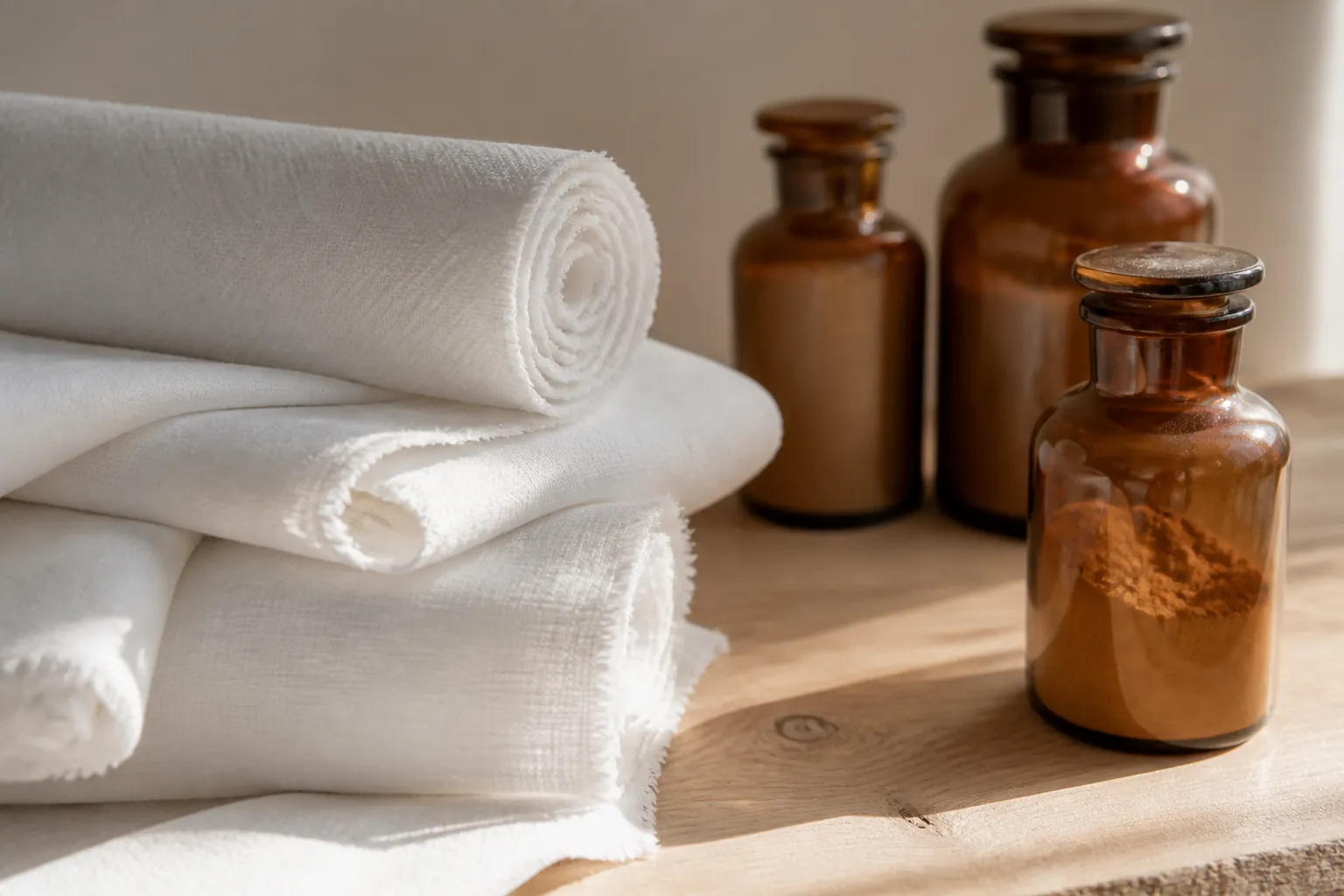 Salle de toilette mortuaire avec table de lavage et produits rituels — sidr, camphre, tissu blanc